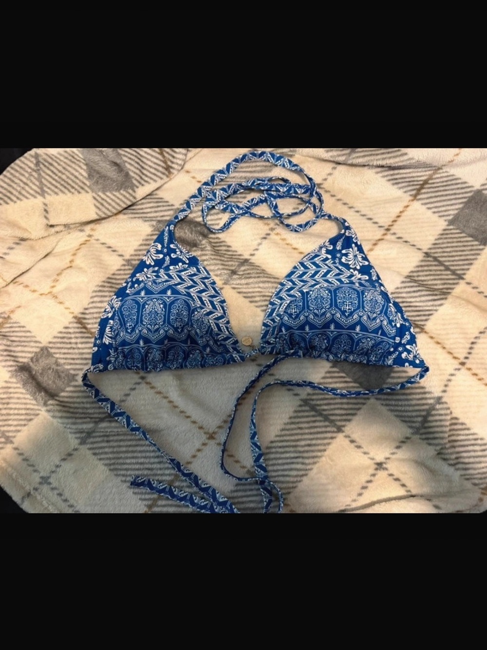 Blue Pattern Triangle Bikini Top
